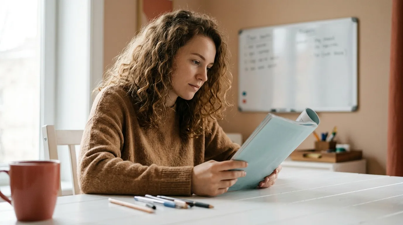 Femme avec cheveux bouclés lisant un document au bureau