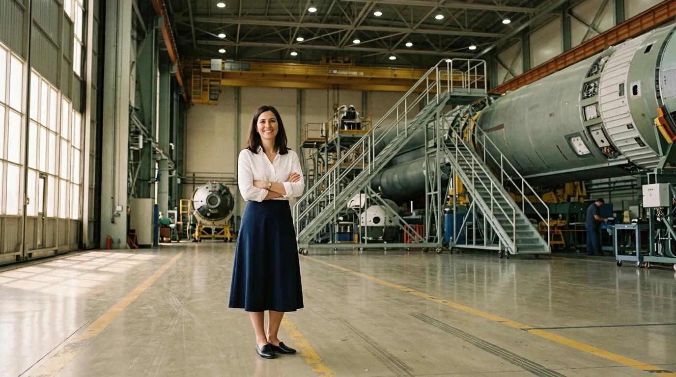 Femme souriante posant dans un hangar aérospatial avec fusée