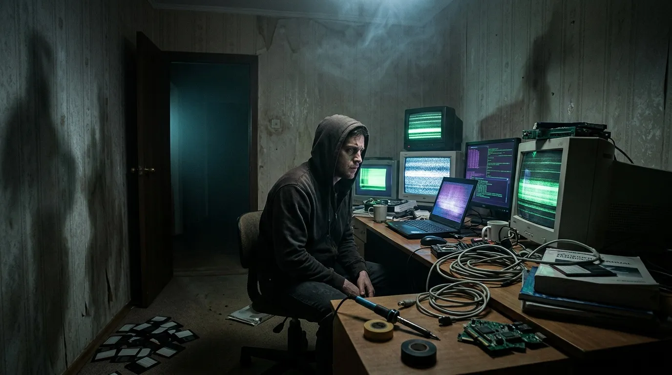 Homme en hoodie travaillant sur plusieurs écrans informatiques