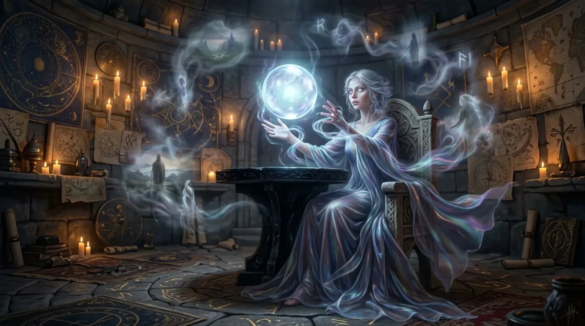 Femme spectrale manipulant une sphère lunaire brillante dans un sanctuaire mystique