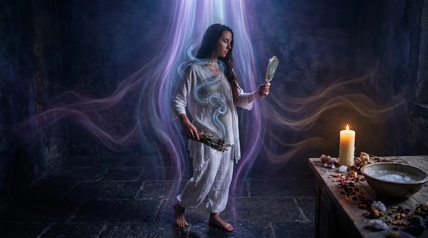 Femme vêtue de blanc tenant un miroir magique dans une aura violette