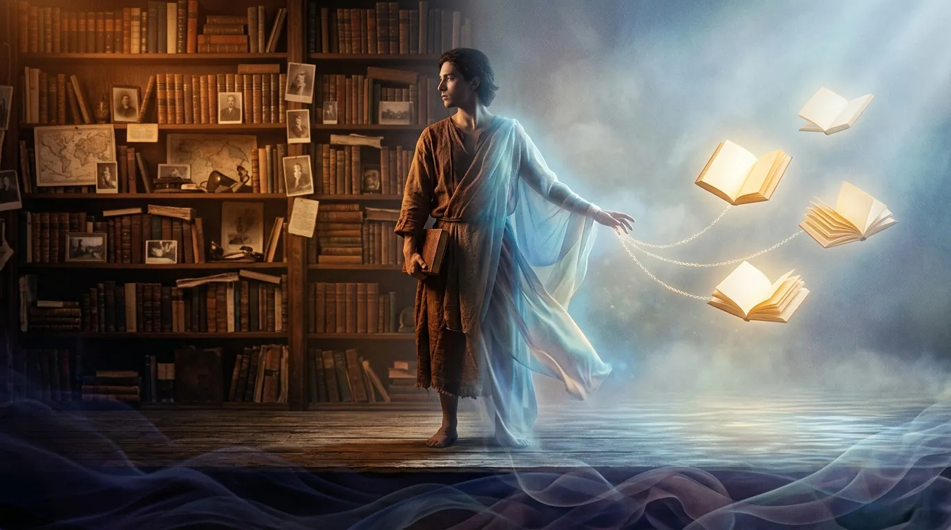 Homme évoquant des livres lumineux flottants dans une bibliothèque surréaliste.