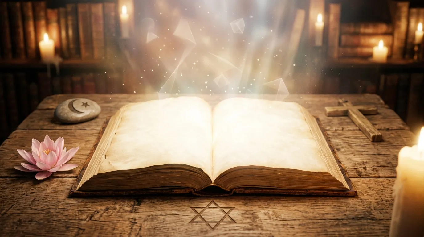 Livre ouvert luminescent entouré de symboles religieux et bougies