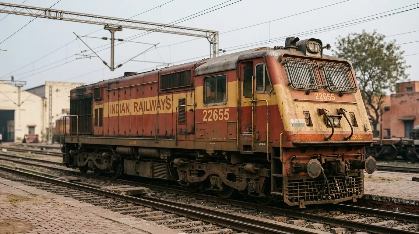 Locomotive diesel rouge et jaune des chemins de fer indiens stationnée.