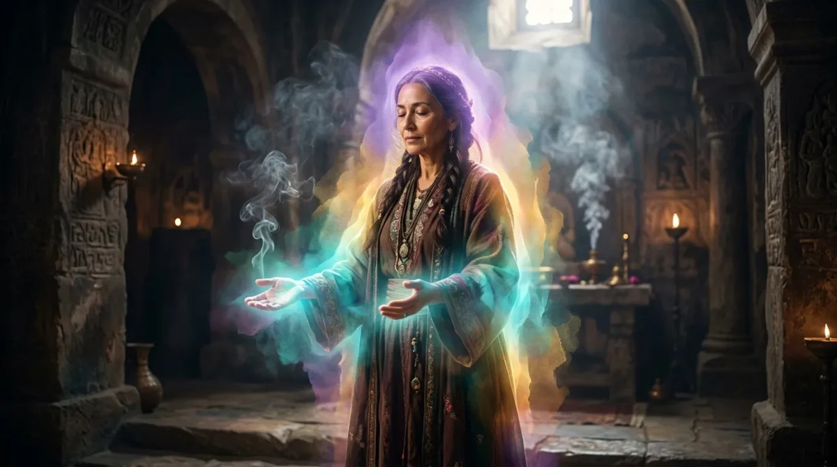 Femme en robes traditionnelles invoquant une magie lumineuse colorée