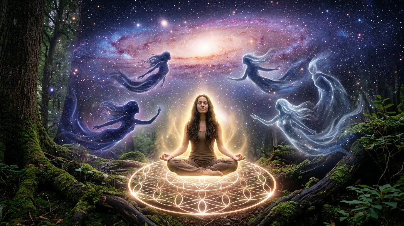 Femme méditant entourée d'esprits et de galaxie