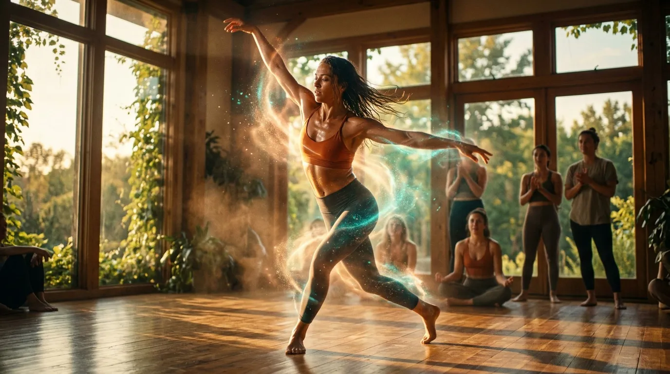 Femme dansant avec aura énergétique entourée de spectateurs