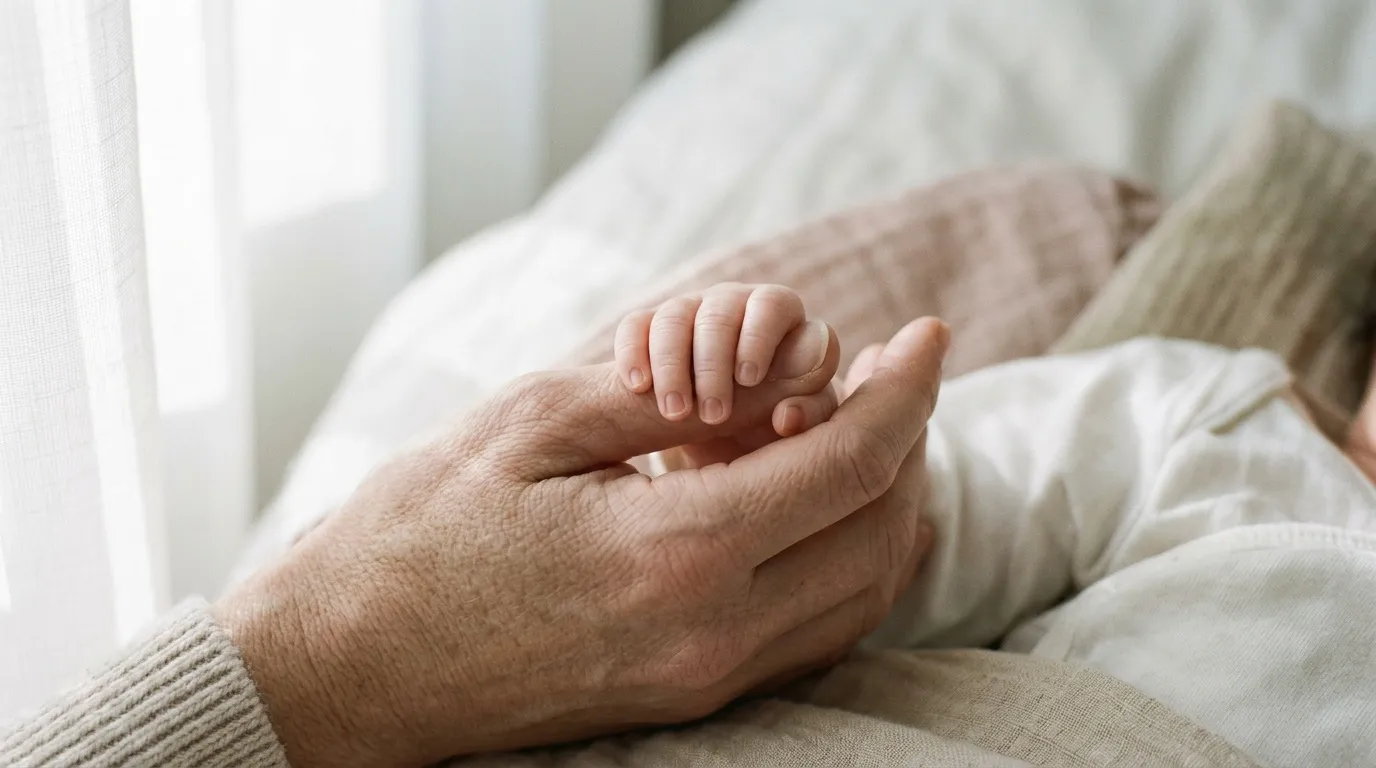 Main d'adulte tenant doucement la main d'un nouveau-né
