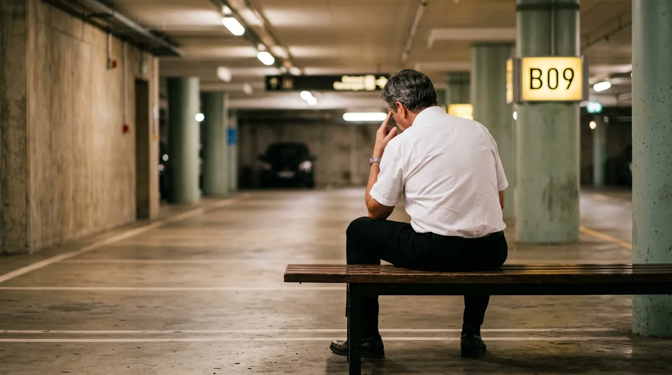 Homme assis seul sur banc parking souterrain, pensif