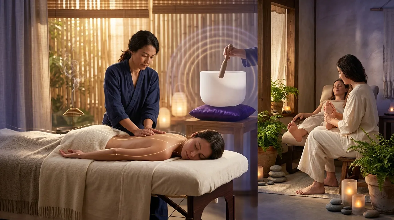 Femme recevant massage dans spa luxueux avec ambiance zen