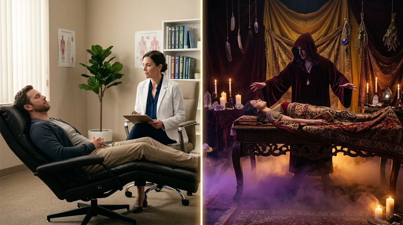 Contraste entre consultation médicale moderne et rituel occulte