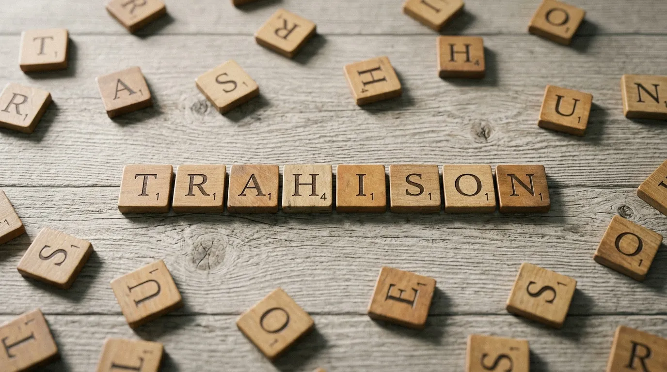 Lettres Scrabble formant le mot TRAHISON sur bois