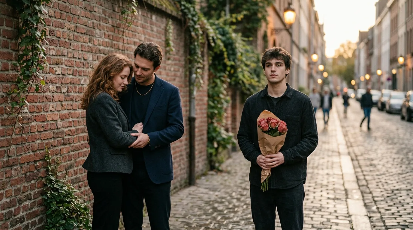 Trois jeunes hommes dans une ruelle urbaine avec fleurs