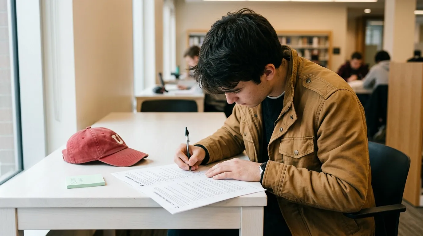 Jeune homme écrivant sur un formulaire à une table de bibliothèque