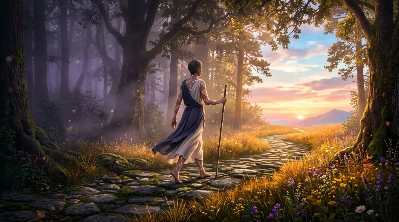 Femme marchant seule sur chemin forestier au coucher soleil